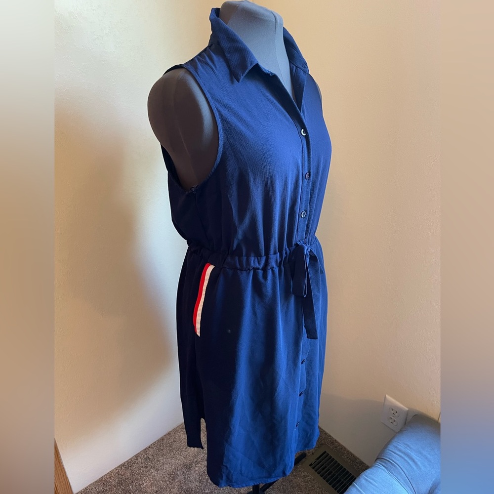 Navy Button Down Shirt Dress with Tie Waist and Pockets